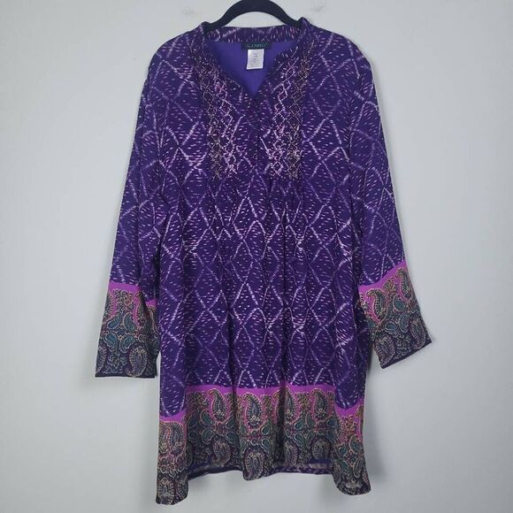 Ulla Popken Tops - Ulla Popken Womens Beaded Tunic Top Size 16 18 Purple Artsy Paisley Long Sleeve